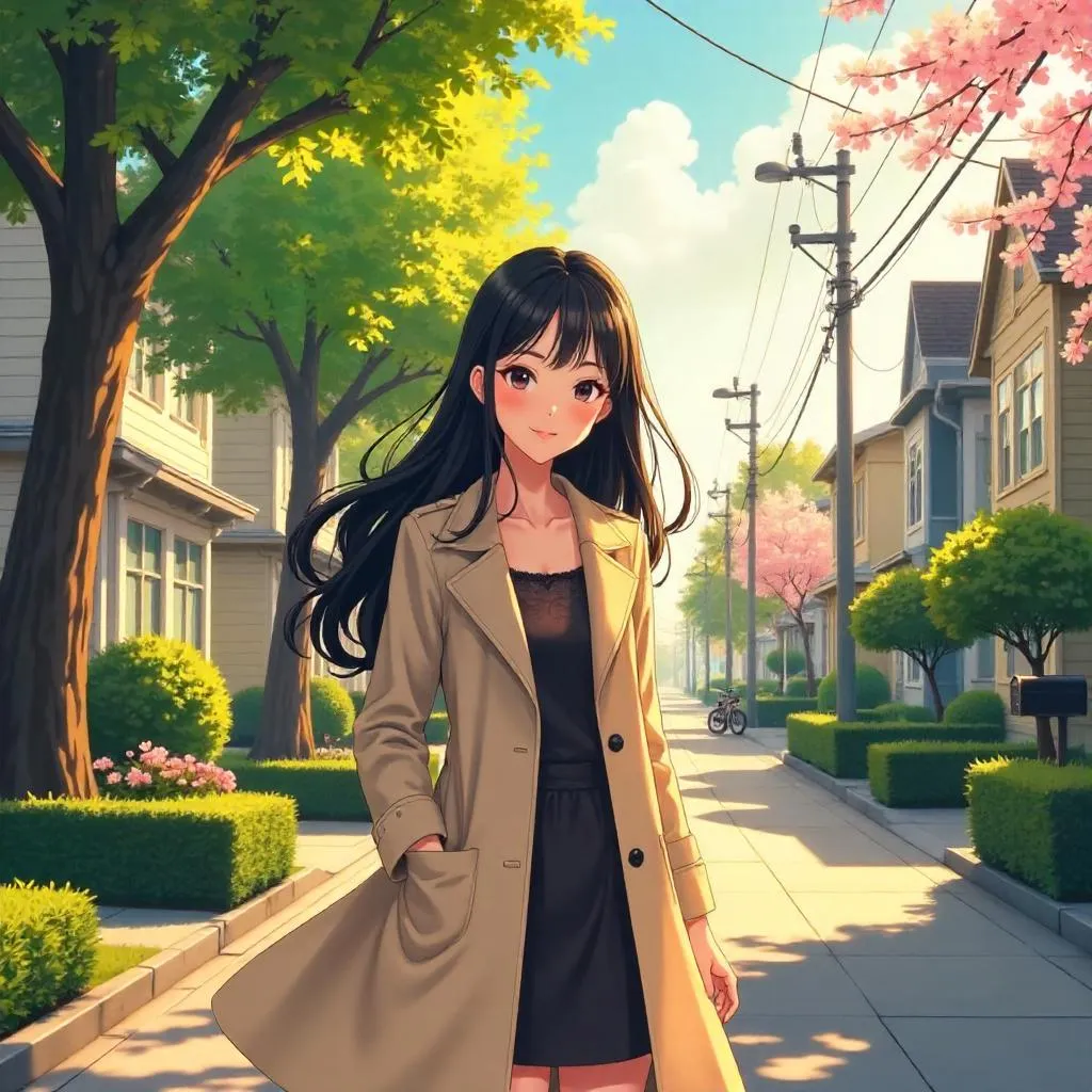 Elegant Asian Woman in Anime Style on a Suburban Street