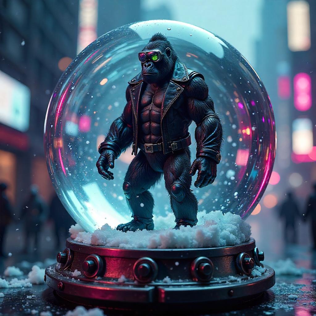 Cyberpunk Gorilla in a Neon Snow Globe