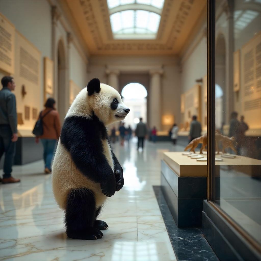 Photoreal panda in a grand museum hall