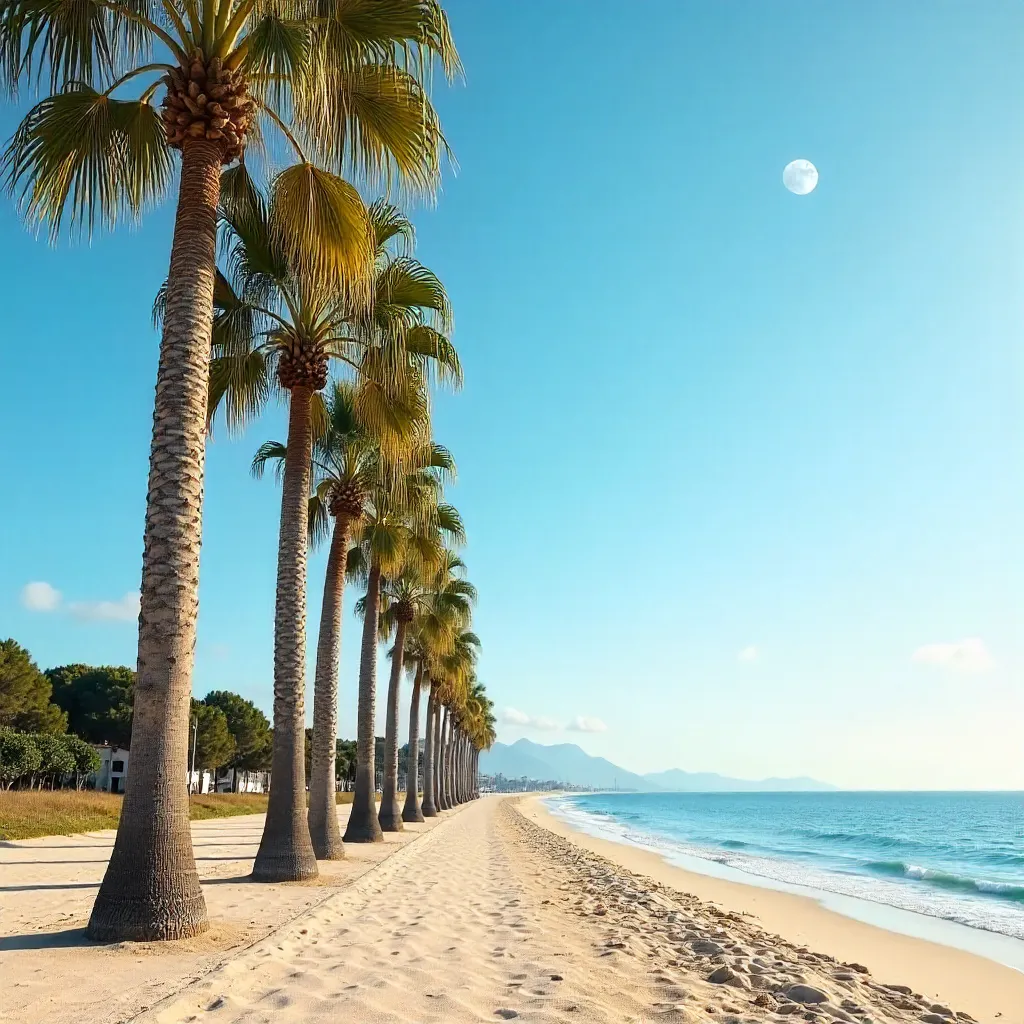 Moonlit Palm Trees Over Alicante's Clear Sky