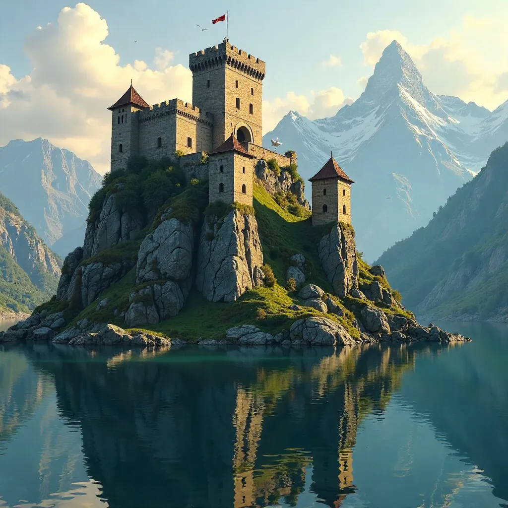 Ancient fortress on a rocky hill by tranquil waters and mountains