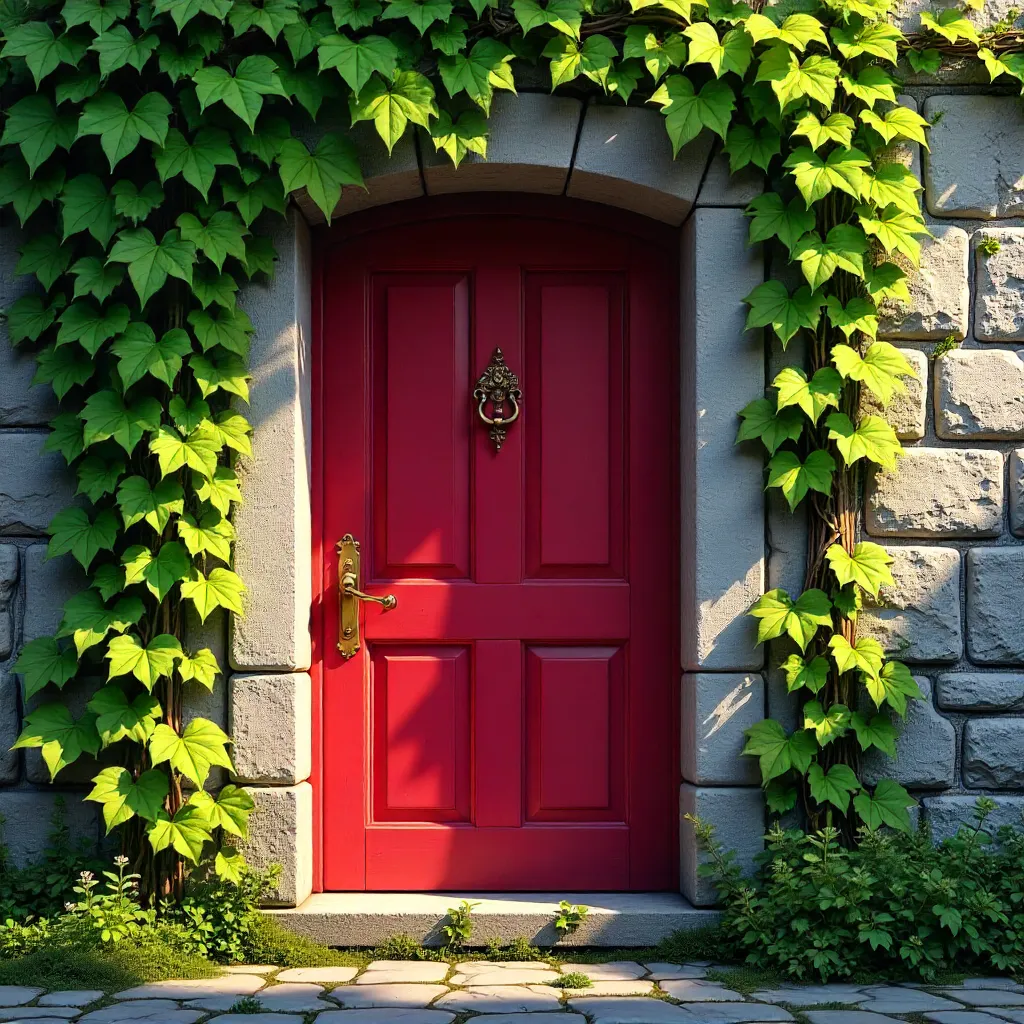 Red Ivy-Frame Door on Rustic Stone Wall