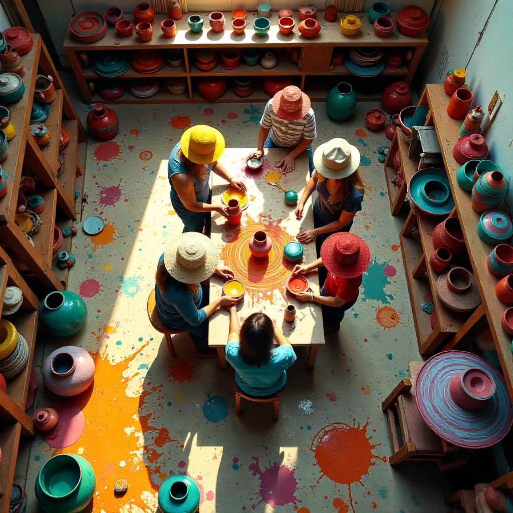 Birds-Eye Pottery and Hats: Abstract Studio Scene