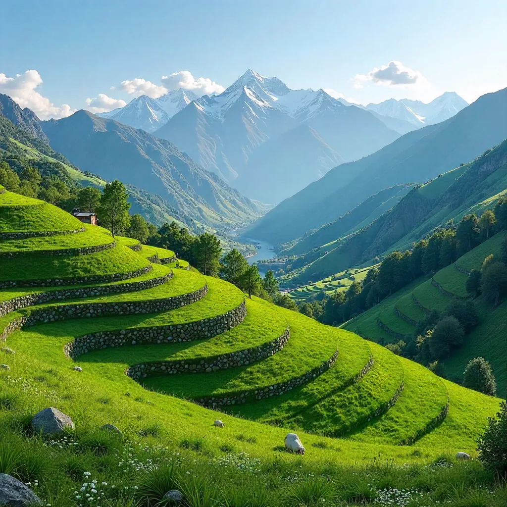 Terraced Green Hills of Dagestan with Snowy Caucasus Peaks