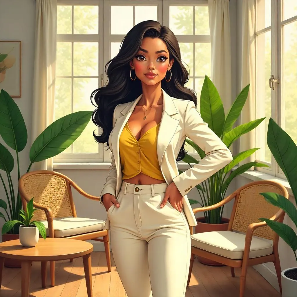Confident Latina in a Sunlit Anime Sunroom