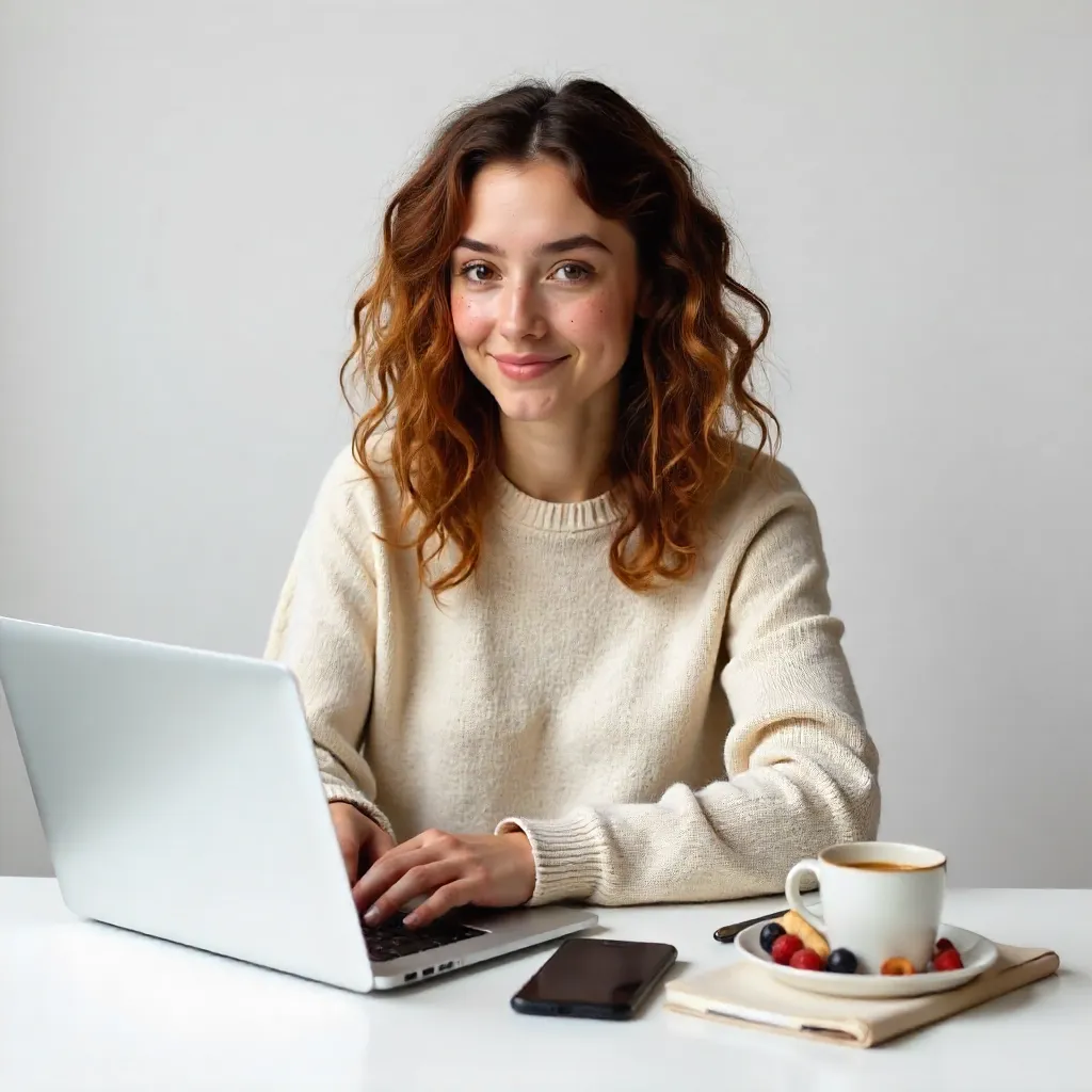 Freckled Curly-Haired Woman Working at Breakfast