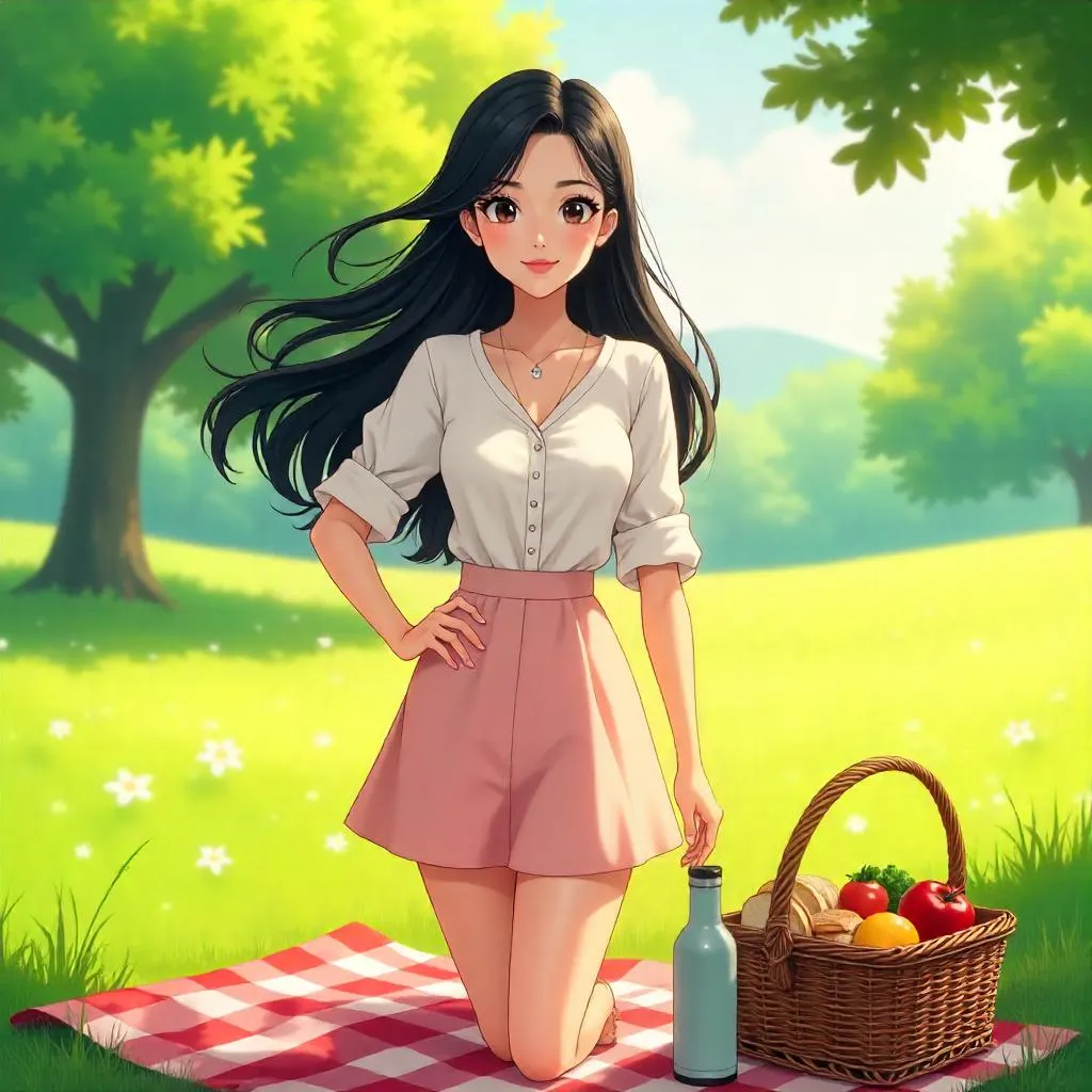 Confident Asian Woman at a Picnic in Anime Style