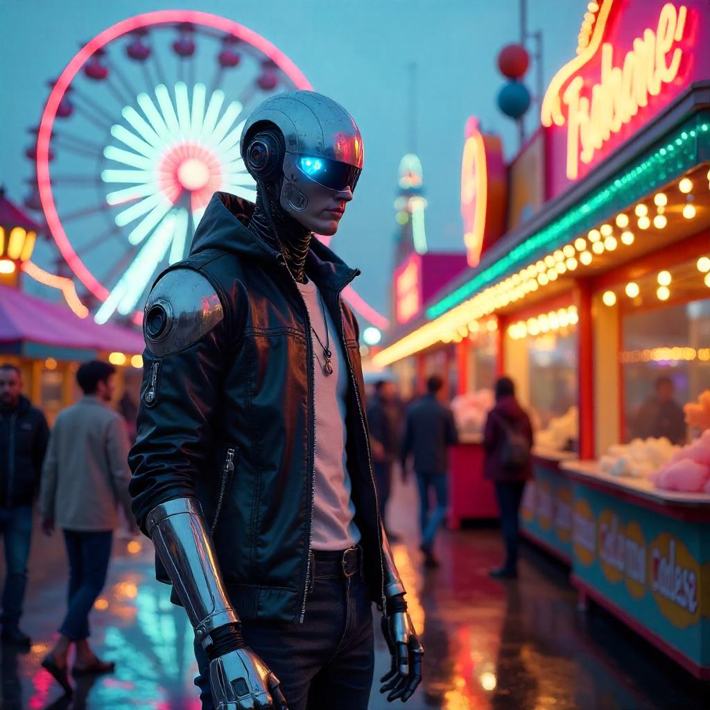 Cyborg in a Neon Amusement Park