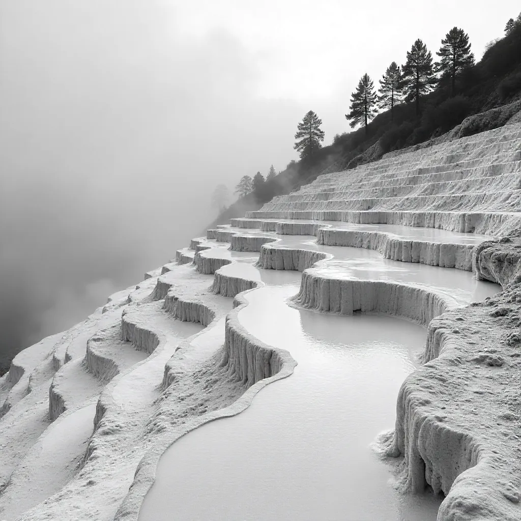 Mist over Bolu's Travertine Terraces, Monochrome