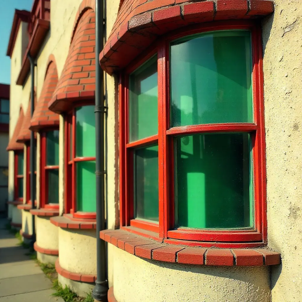 Close-Up of 1950s Facade: Red Frames and Green Glass