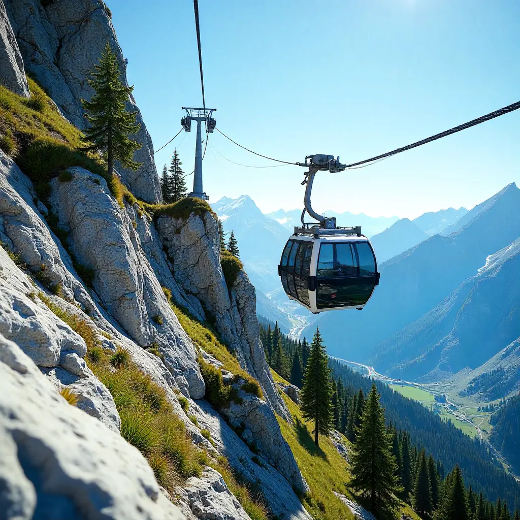 Cable Car Descending a Rugged Alpine Ridge