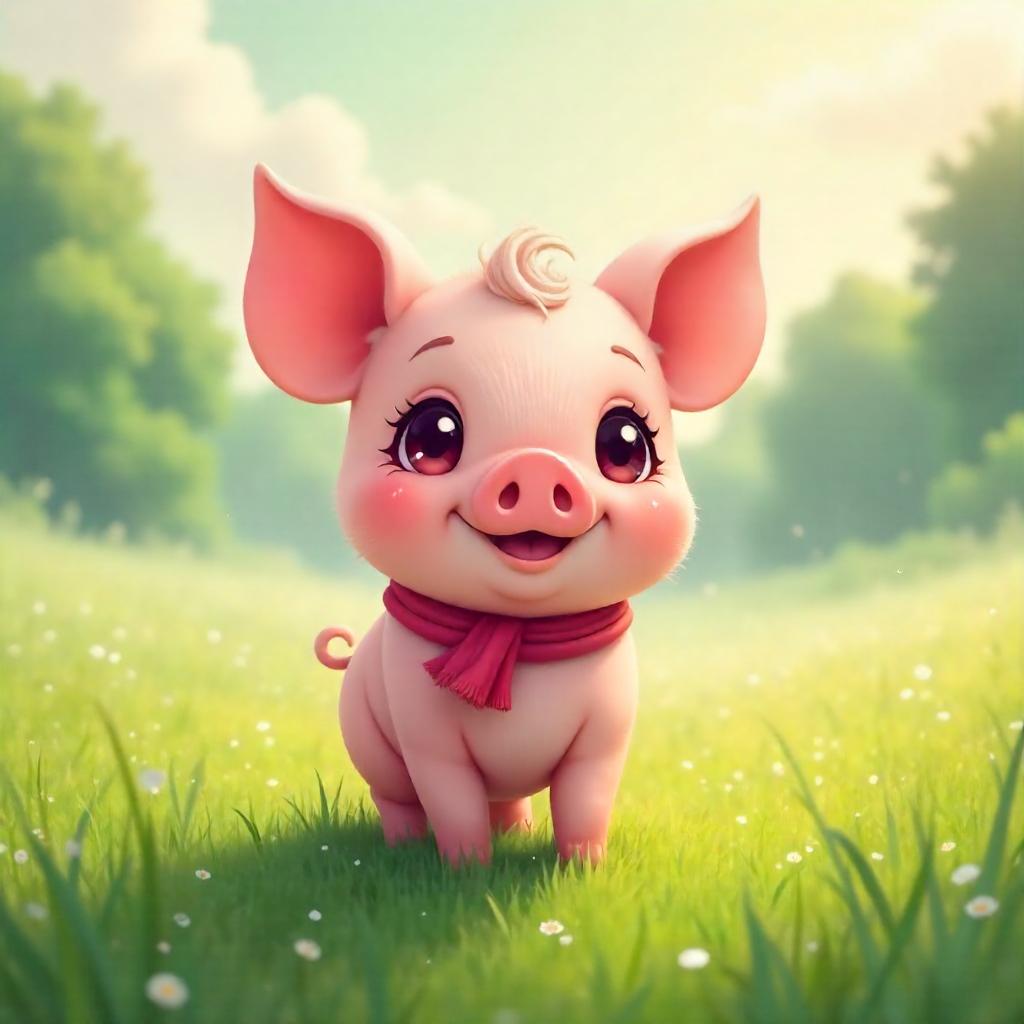 Anime Pig in Morning Mist: Soft Light and Dew