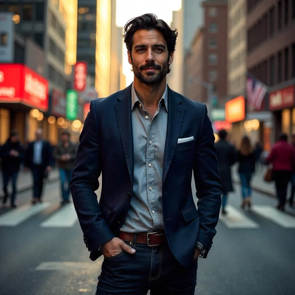 Confident Latino Man on a Golden City Street