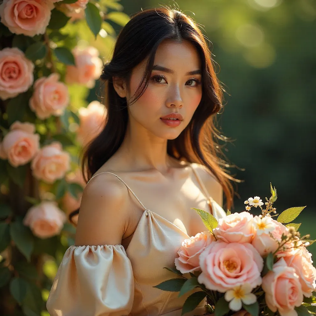 Graceful Bloom: A Stylish Woman Posing with Flowers