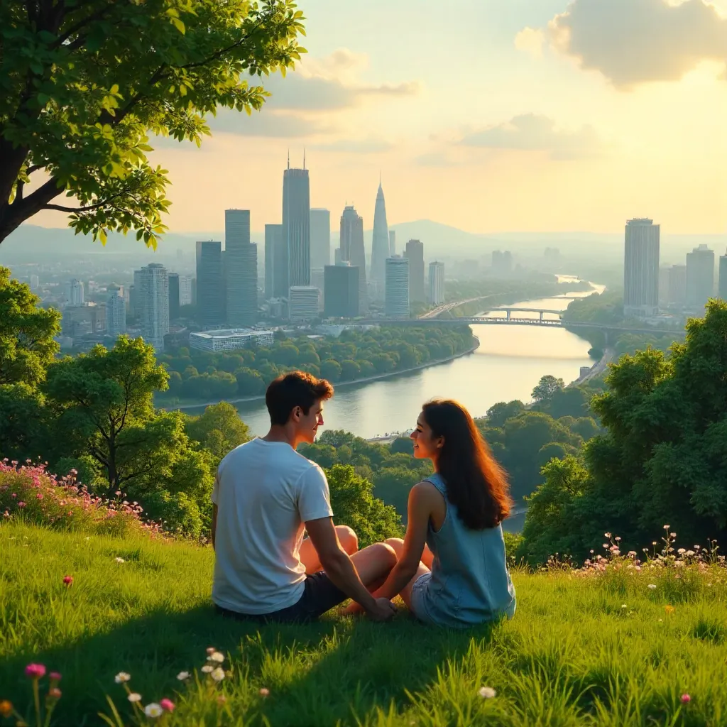 Golden hour overlook: couple in a lush city park