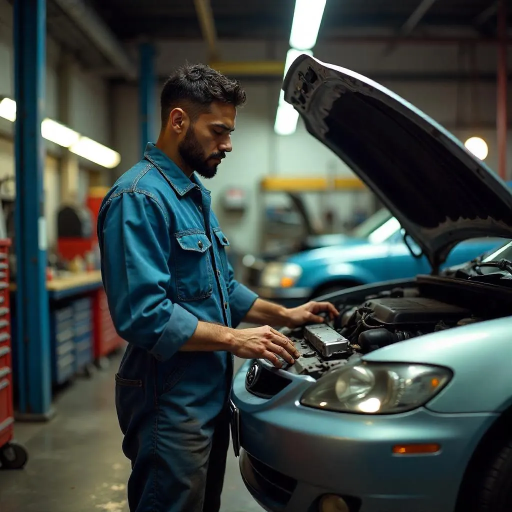 Photorealistic Latino Mechanic in a Busy Shop