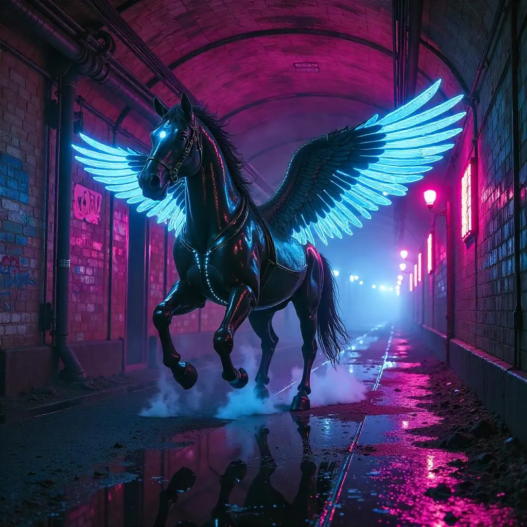 Cyberpunk Pegasus in Neon Underground Tunnels