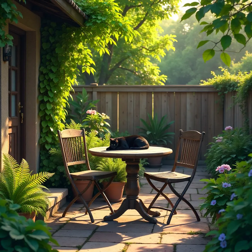 Cozy Backyard Scene with Black Cat and Greenery