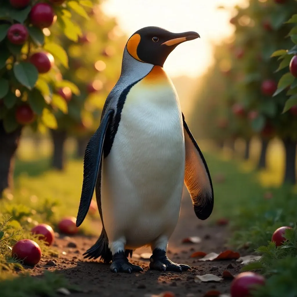 Photoreal Penguin in an Apple Orchard at Golden Hour