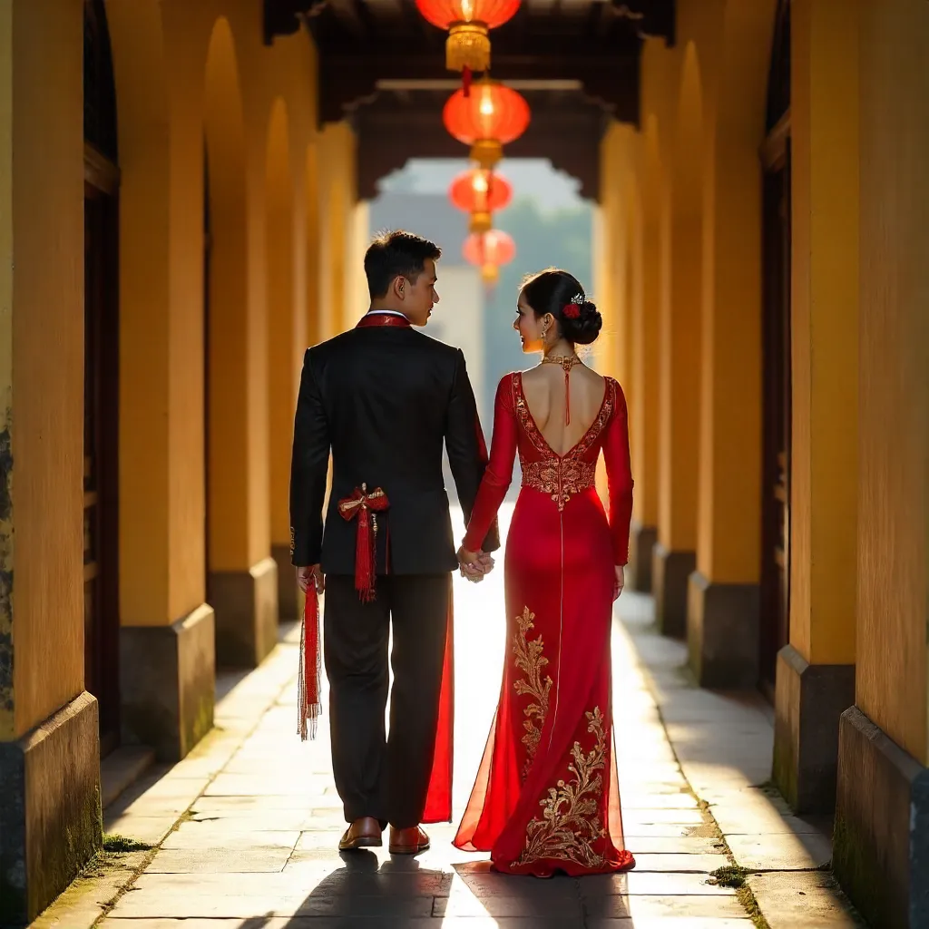 Red Ao Dai Romance in Hanoi's Historic Corridor