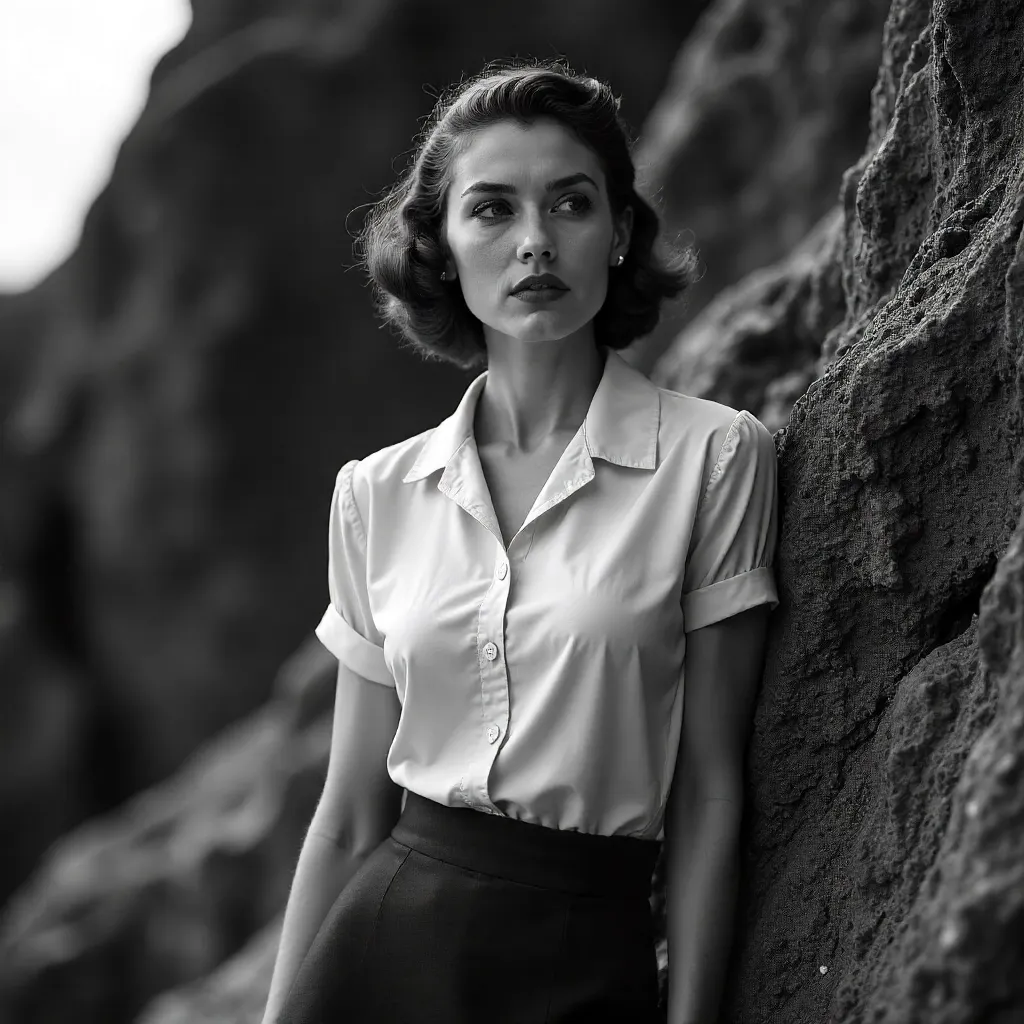 Thoughtful Woman Against a Rock in Classic B&W