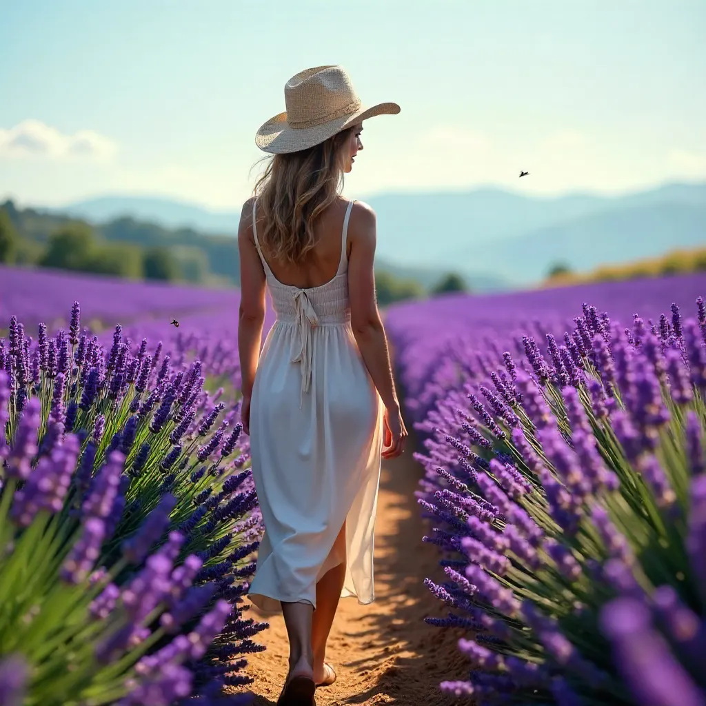 Sunlit Lavender Field Walk with a Hat