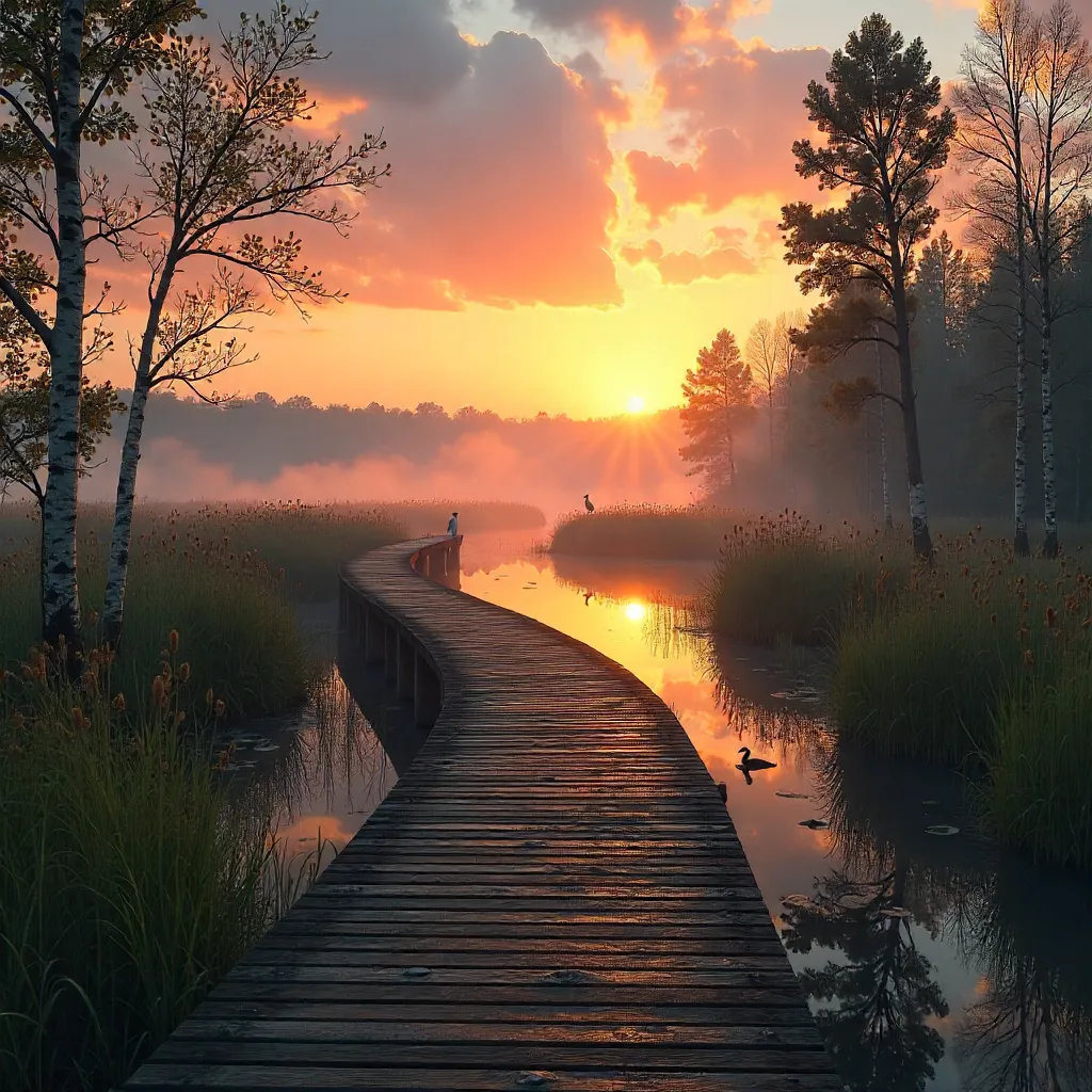 Sunset on a Tranquil Belarusian Wetland Boardwalk