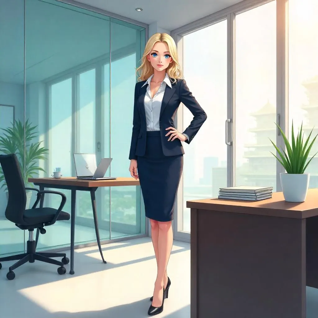 Confident White Woman in an Anime Office