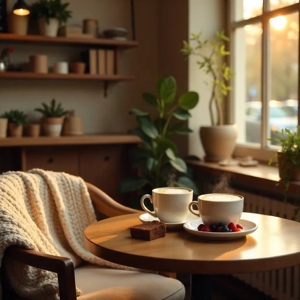 Cozy Café Round Table with Cappuccinos and Dessert
