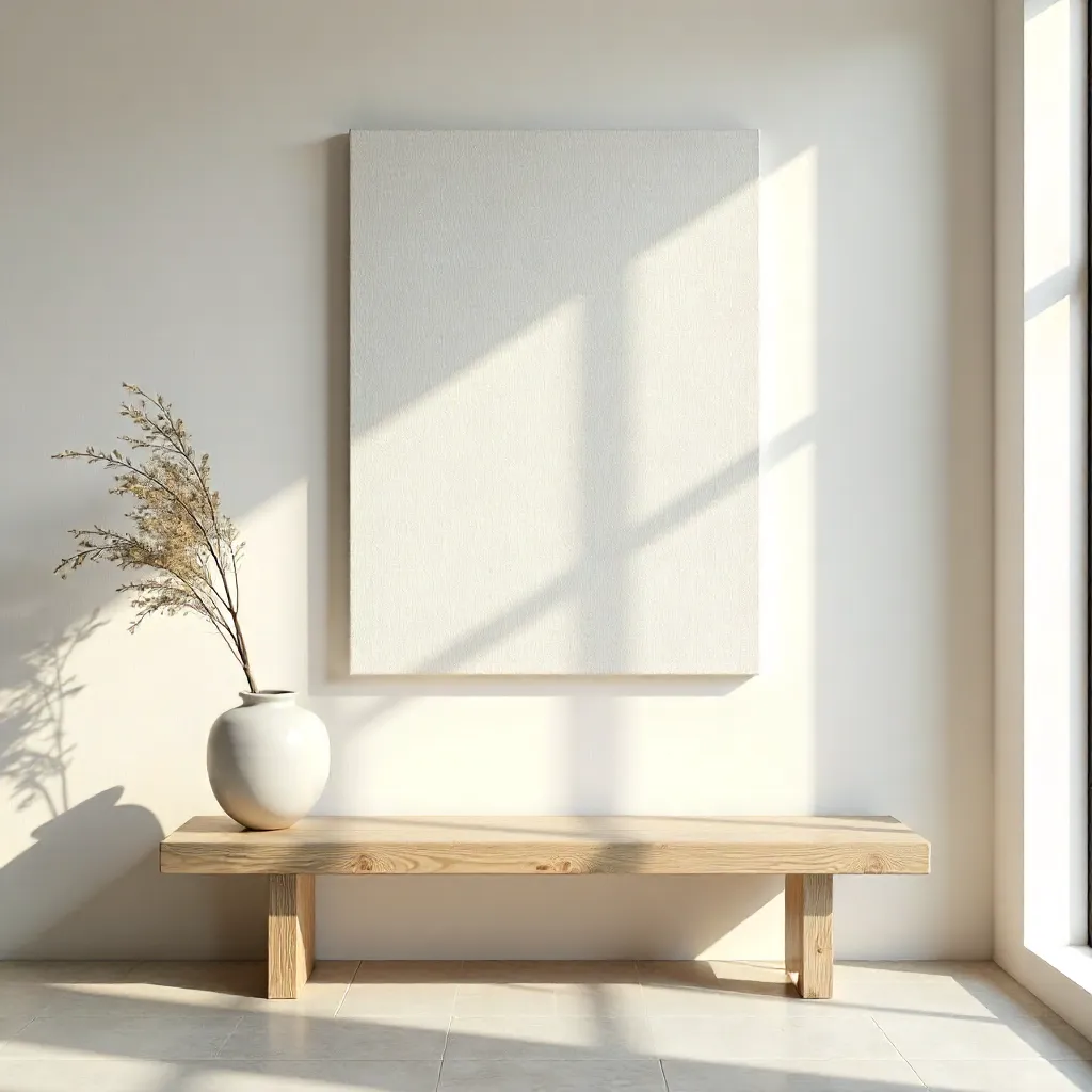 Elegant Minimalist Interior: Canvas and Vase on Wood Bench