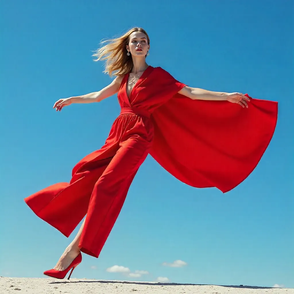 Dynamic Red Couture under a Clear Azure Sky