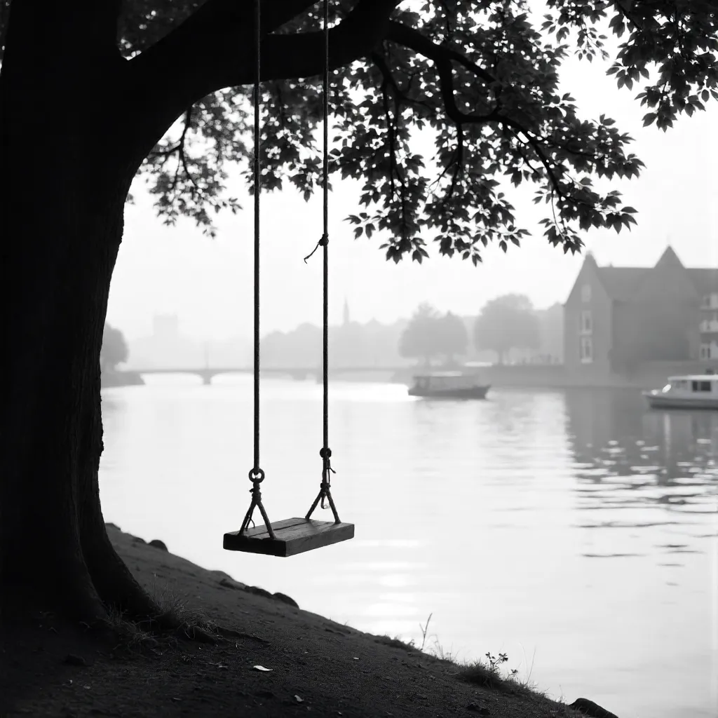 Tranquil Swing by Ghent River in Black and White
