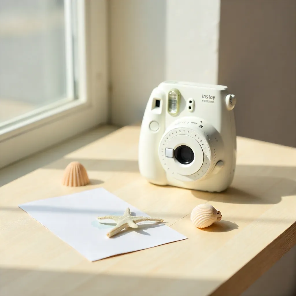 Minimalist White Instant Camera with Seashells and Postcard