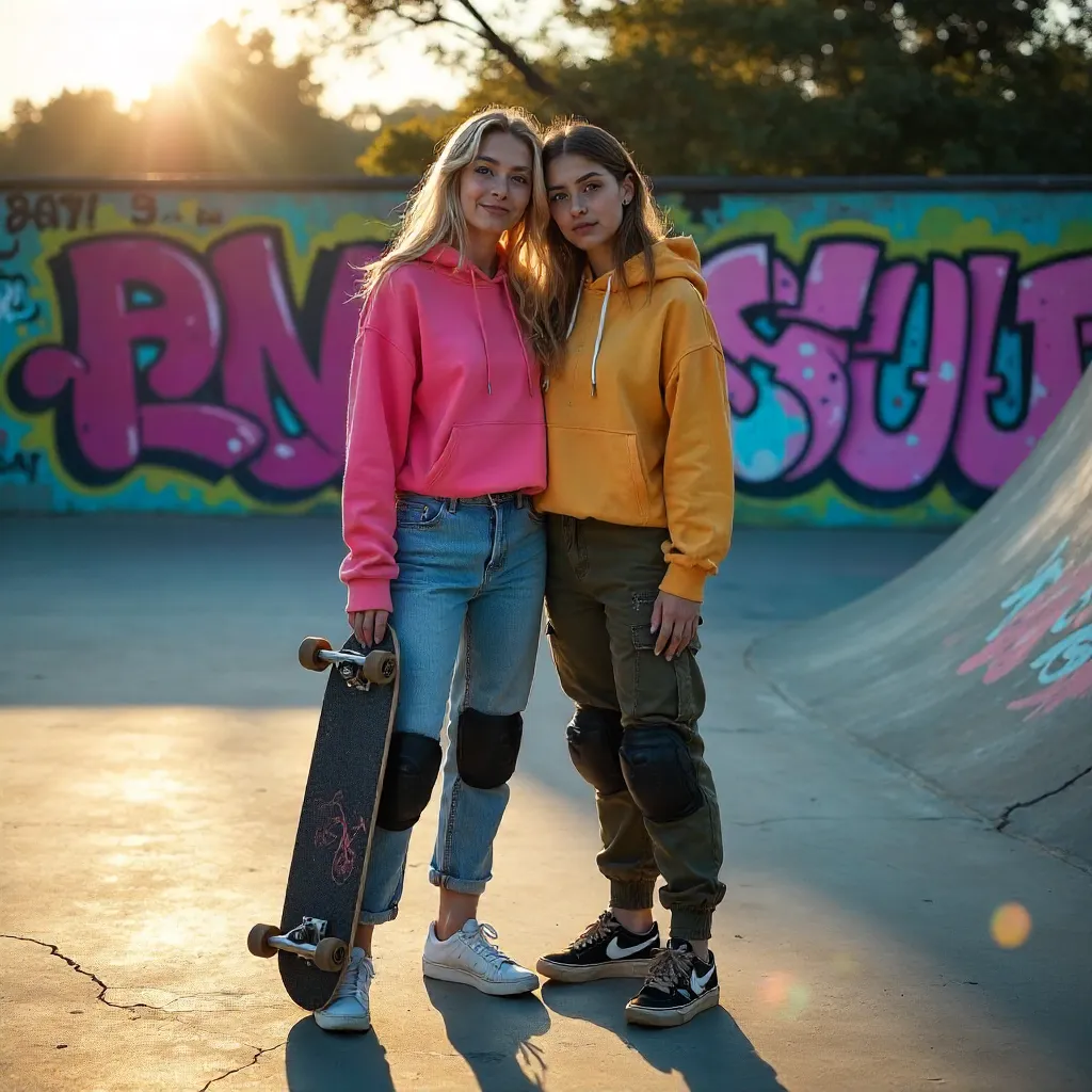 Two Skaters Embrace in a Graffiti Skatepark