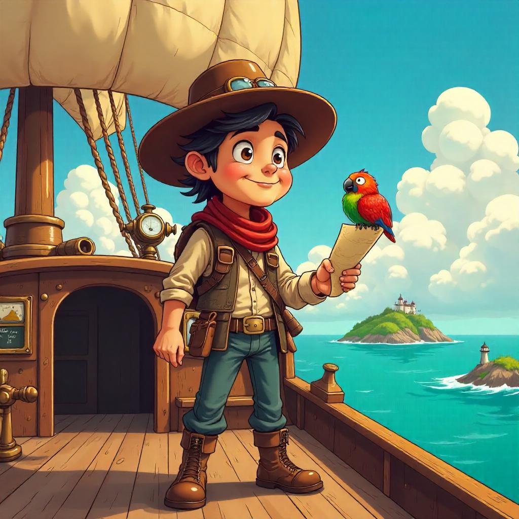 Cartoon Explorer on a Sky-High Airship