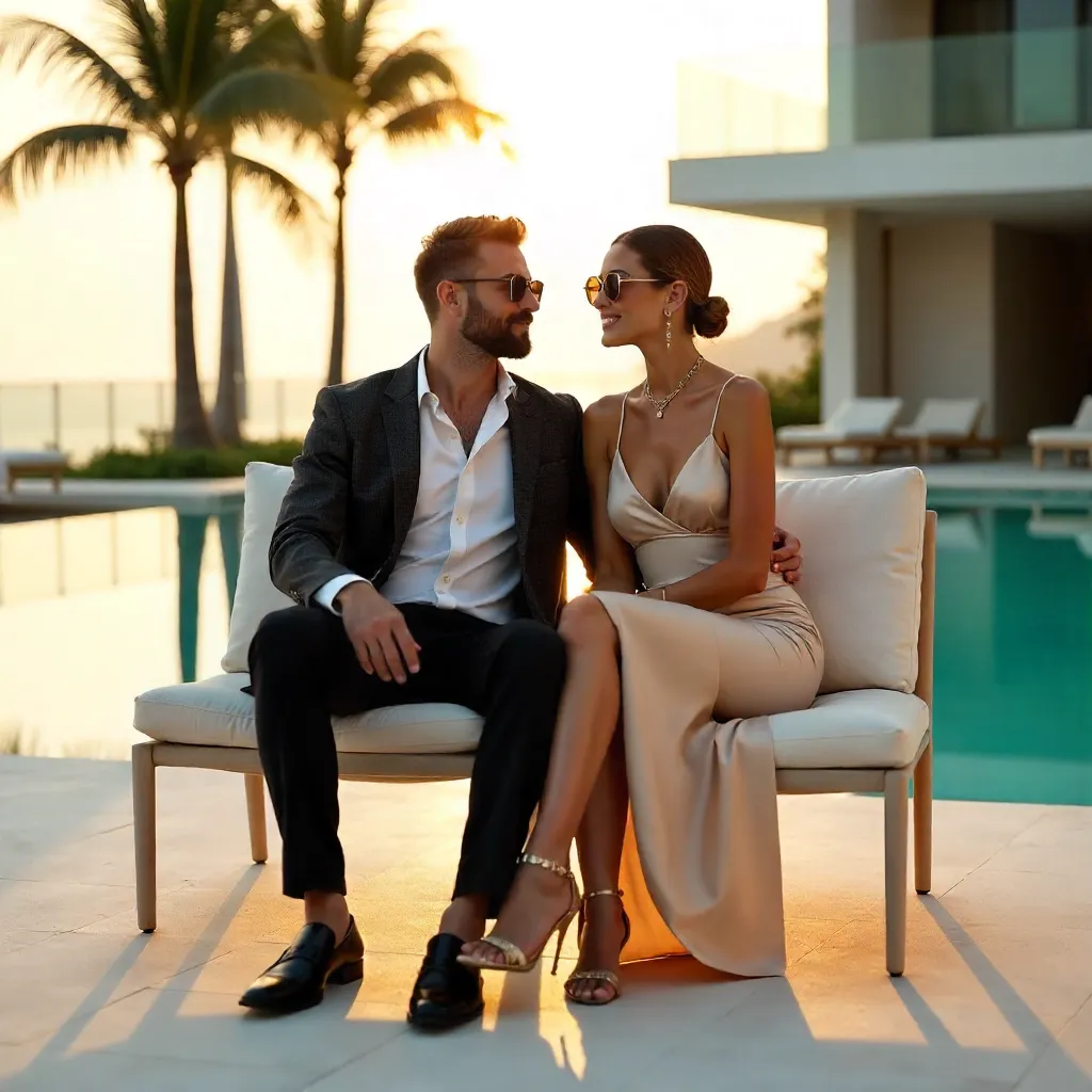 Elegant Poolside Fashion: Modern Couple Portrait
