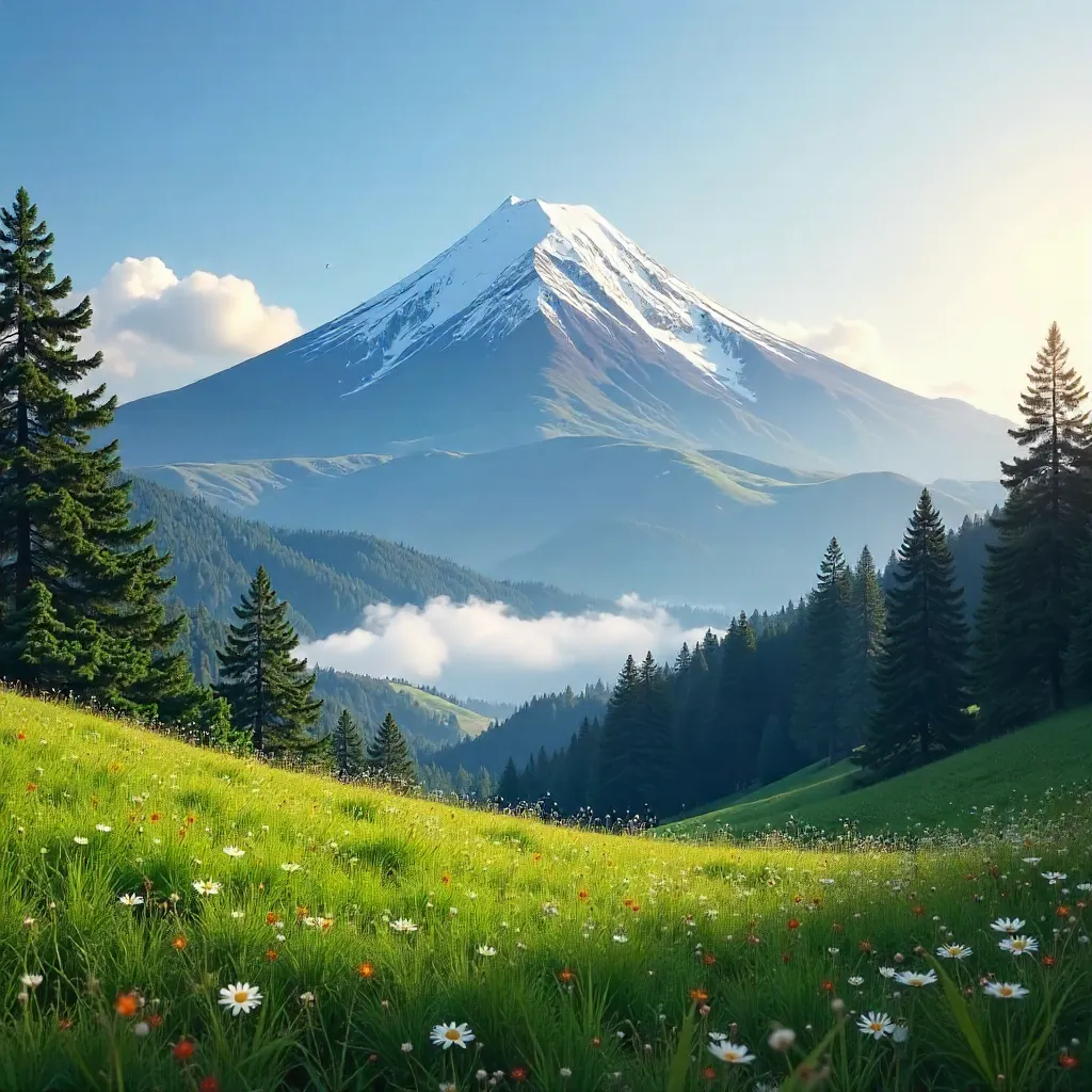 Snow-Capped Mount Fuji Above Foreground Meadows
