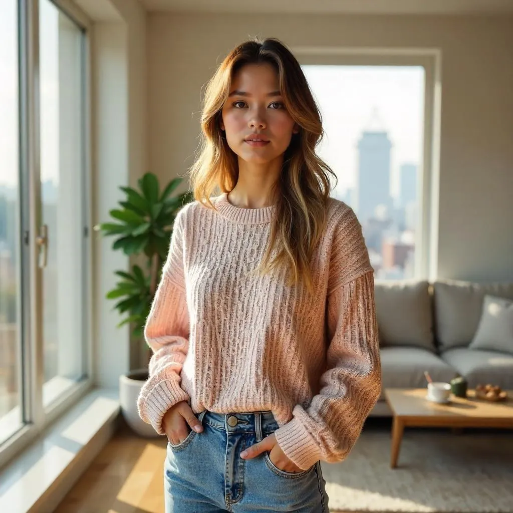 Photorealistic Young White Woman in a Cozy Apartment