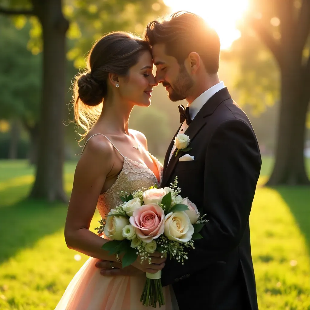 Elegant Couple Embrace Outdoors with Soft Backlight