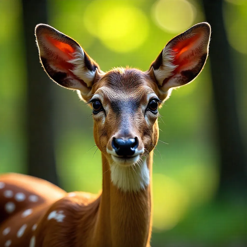 Sunlit Fallow Deer Portrait in Bokeh Forest