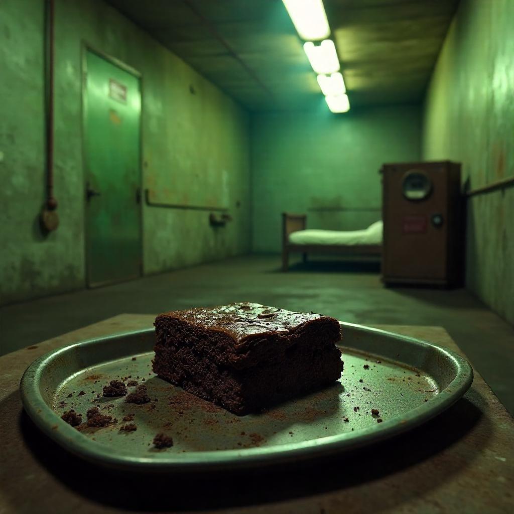 Hyper-real 3D render: brownie inside a bomb shelter