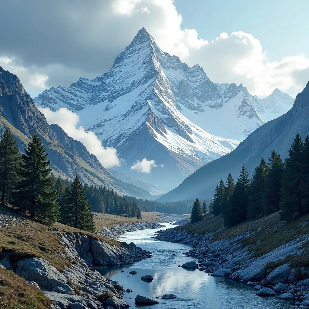 Majestic Snowy Mountain under a Cloudy Sky