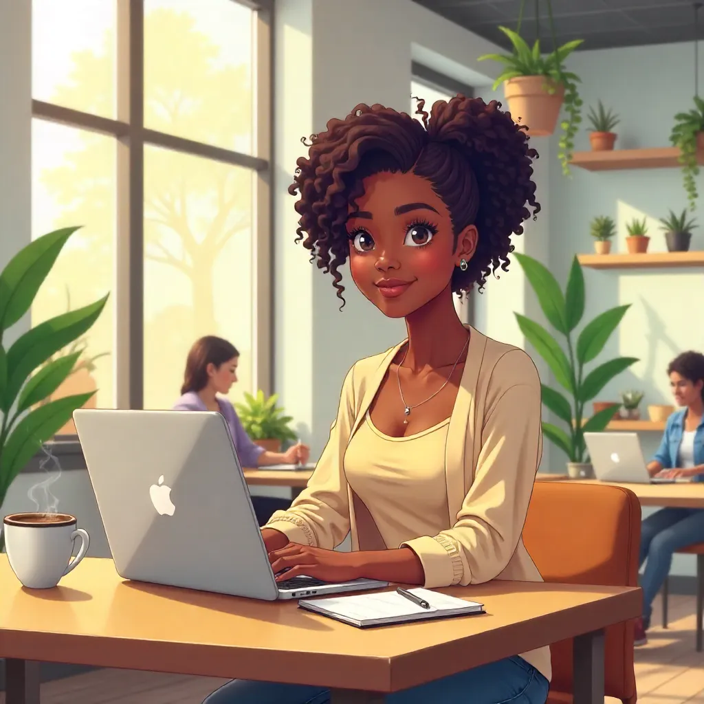 Anime Portrait: Young Black Woman in a Coworking Space