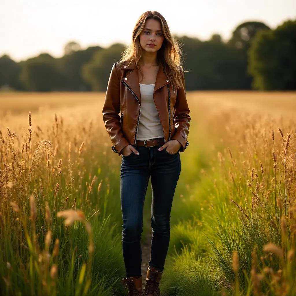 Brown-Jacketed Woman in a Grassy Field