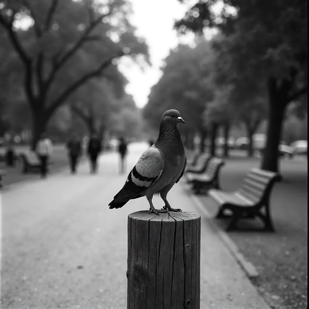 Monochrome Pigeon on a Park Post in Buenos Aires