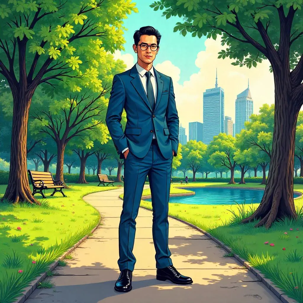 Professional Asian Man Hero in a Park – Comic Style