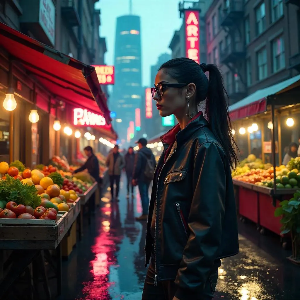 Neon Latina at the Cyberpunk Farmers Market