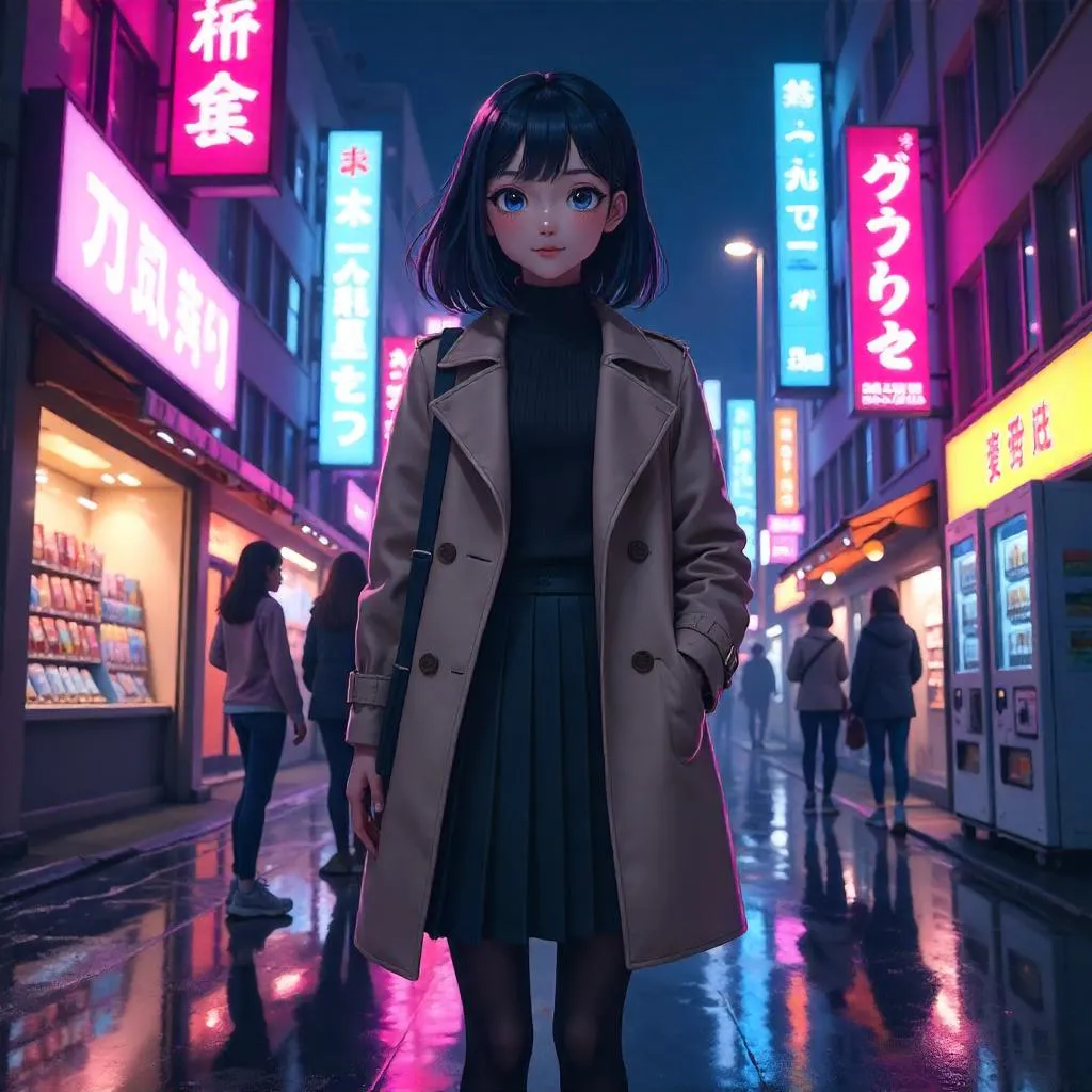 Neon Night Street: Anime Aesthetic of a Young Asian Woman