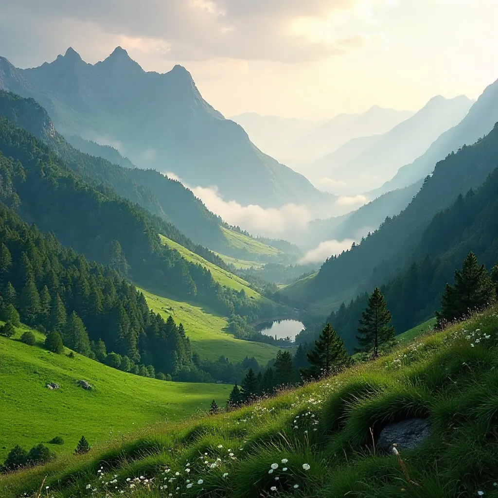 Mist-Laced Green Mountains at Dawn