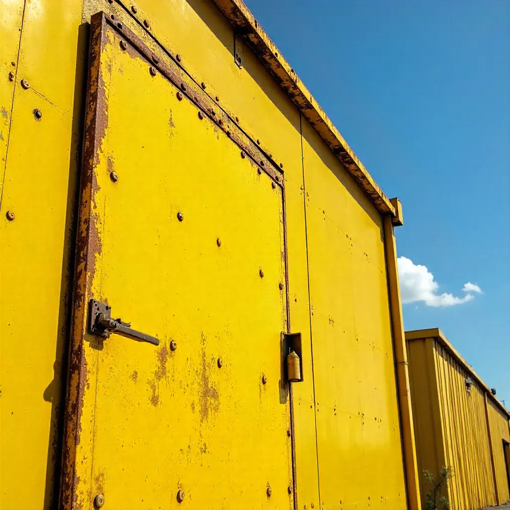 Close-Up of Bright Yellow Industrial Facade Under Clear Sky